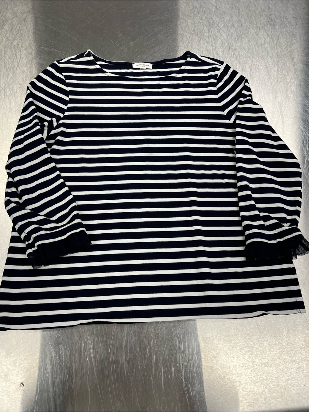 beachlunchlounge Navy and White Striped Cotton Long Sleeve Top Women L